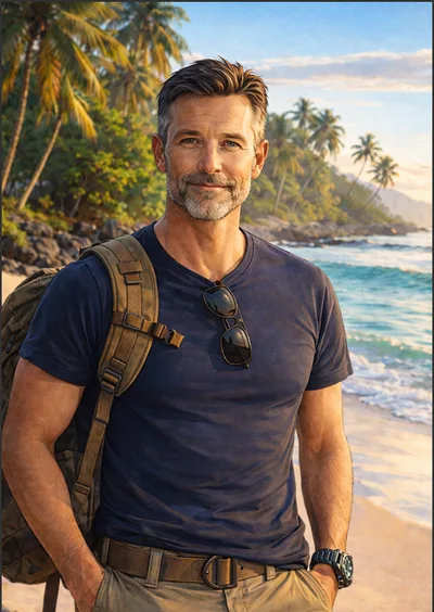 Illustration de Christian Maillant sur une plage de Polynésie, sac au dos