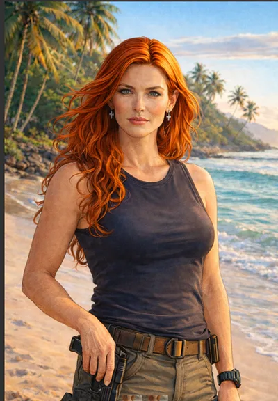 Illustration d’Angela Pavlova, rousse, sur une plage de Polynésie