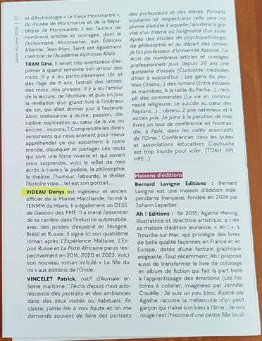 Page du catalogue des auteurs du salon, où la notice « VIDEAU Denys » est surlignée