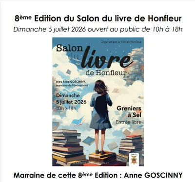 Affiche du Salon du livre de Honfleur : une lectrice de dos, debout sur des piles de livres, sous des pages qui s’envolent ; dimanche 5 juillet 2026, 10 h à 18 h, Greniers à Sel, entrée libre
