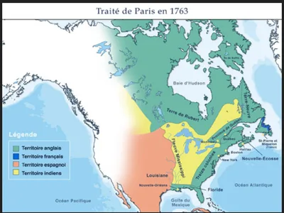 Carte de l’Amérique du Nord après 1763 : territoire anglais en vert du Canada à la Floride, territoire espagnol en orange à l’ouest du Mississippi, territoire indien en jaune, Saint-Pierre-et-Miquelon seul territoire français