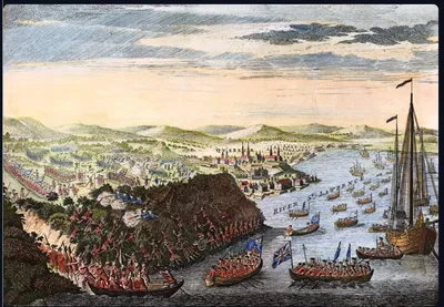 Gravure colorée : les troupes britanniques débarquent de chaloupes et escaladent la falaise sous Québec, le Saint-Laurent couvert de navires