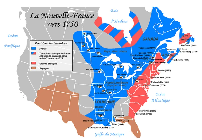 Carte de l’Amérique du Nord vers 1750 : la Nouvelle-France en bleu du Canada à la Louisiane, les colonies britanniques en rouge sur la côte atlantique, l’Espagne en brun au sud-ouest