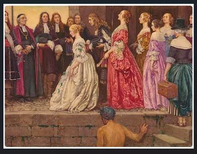 Peinture : des jeunes femmes en robes du XVIIe siècle débarquent sur un quai de pierre, accueillies par des notables et un ecclésiastique
